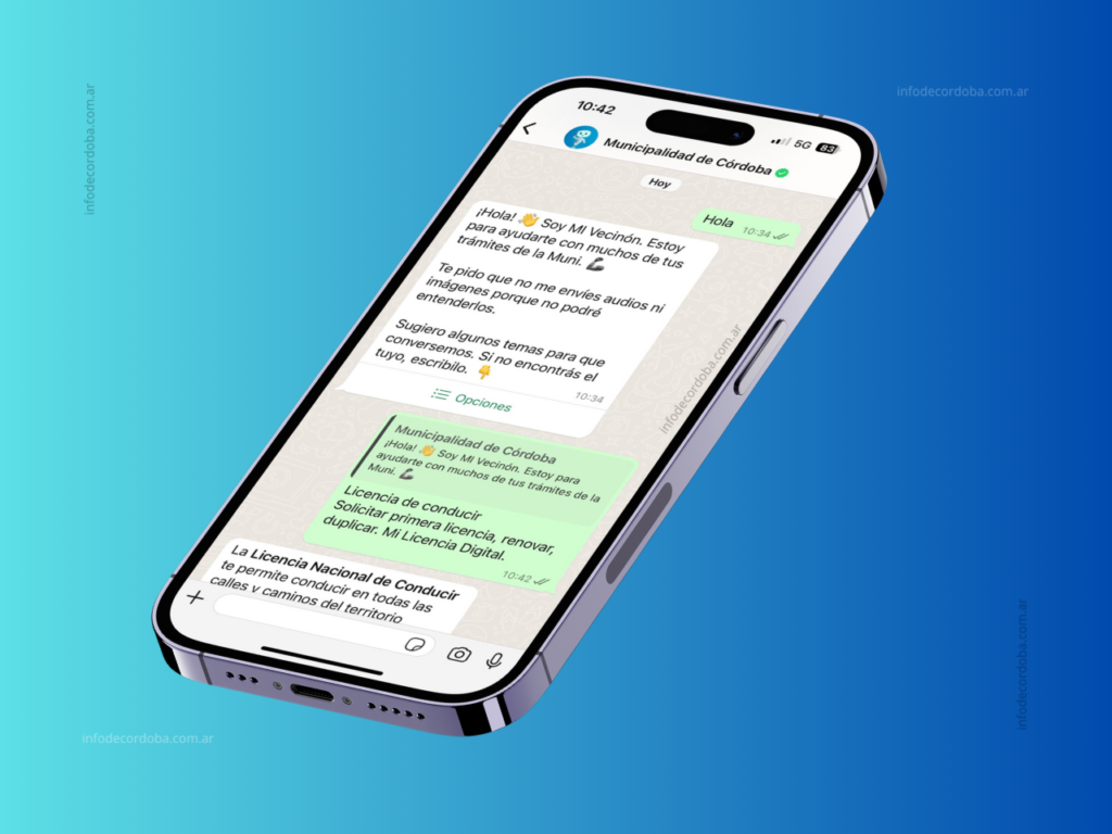 Pantalla de teléfono móvil mostrando el menú de opciones del whatsapp de la municipalidad de córdoba.