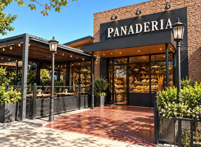 Autorización de cartelería para locales comerciales en córdoba Fachada de una panadería con cartel frontal y vidriera de panes y bollería.